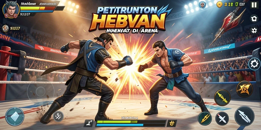 Screenshot utama menampilkan karakter bertarung di arena yang megah.