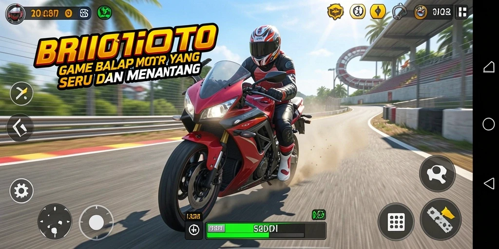 Tampilan gameplay BRIOTOTO yang menegangkan dengan aksi balapan motor.