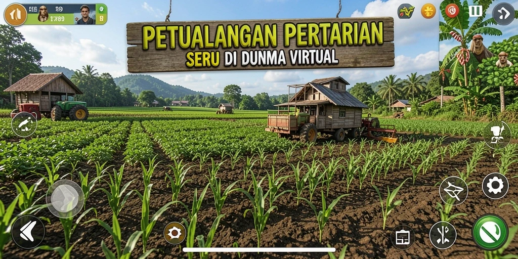 Tangkapan layar gameplay EE789 menampilkan ladang hijau yang subur dan hewan ternak yang bahagia.