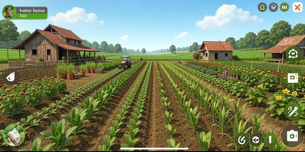 Gameplay KAKRP menampilkan kebun indah dengan berbagai tanaman.