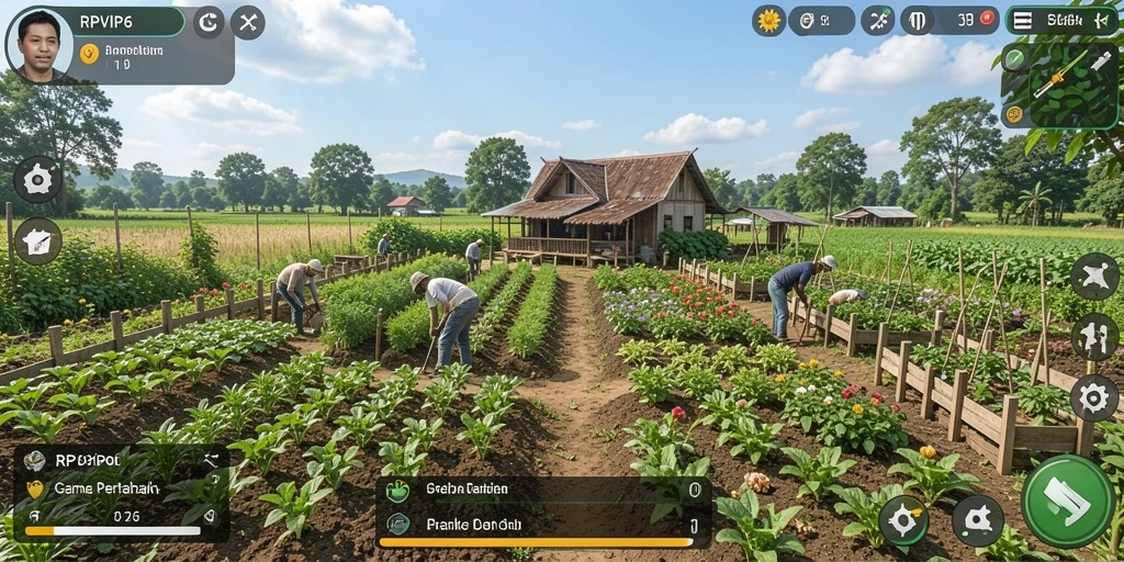 Tangkapan layar gameplay <strong>RPVIP6</strong> yang menunjukkan aktivitas bertani yang menyenangkan.