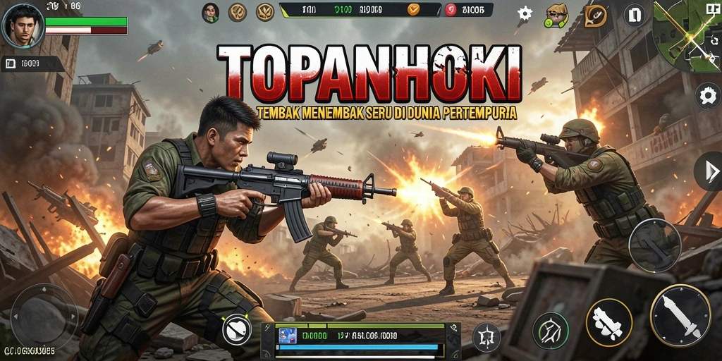 Screenshot utama TOPANHOKI menampilkan aksi tembak-menembak yang intens.